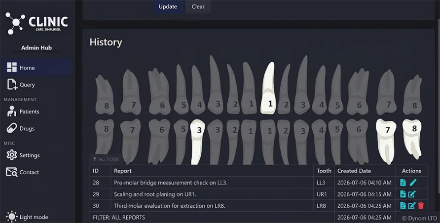 Dynom Clinic interactive 32-tooth dental chart